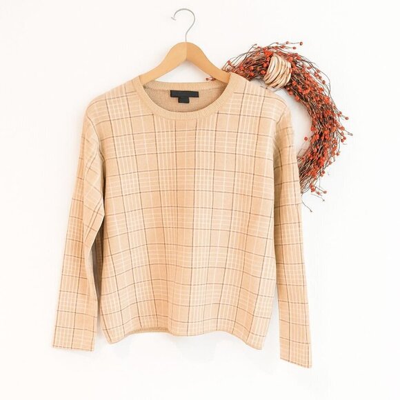 Tahari Sweaters - Tahari Womens Pullover Crewneck Sweater Top SMALL Cream Brown Plaid Long Sleeve